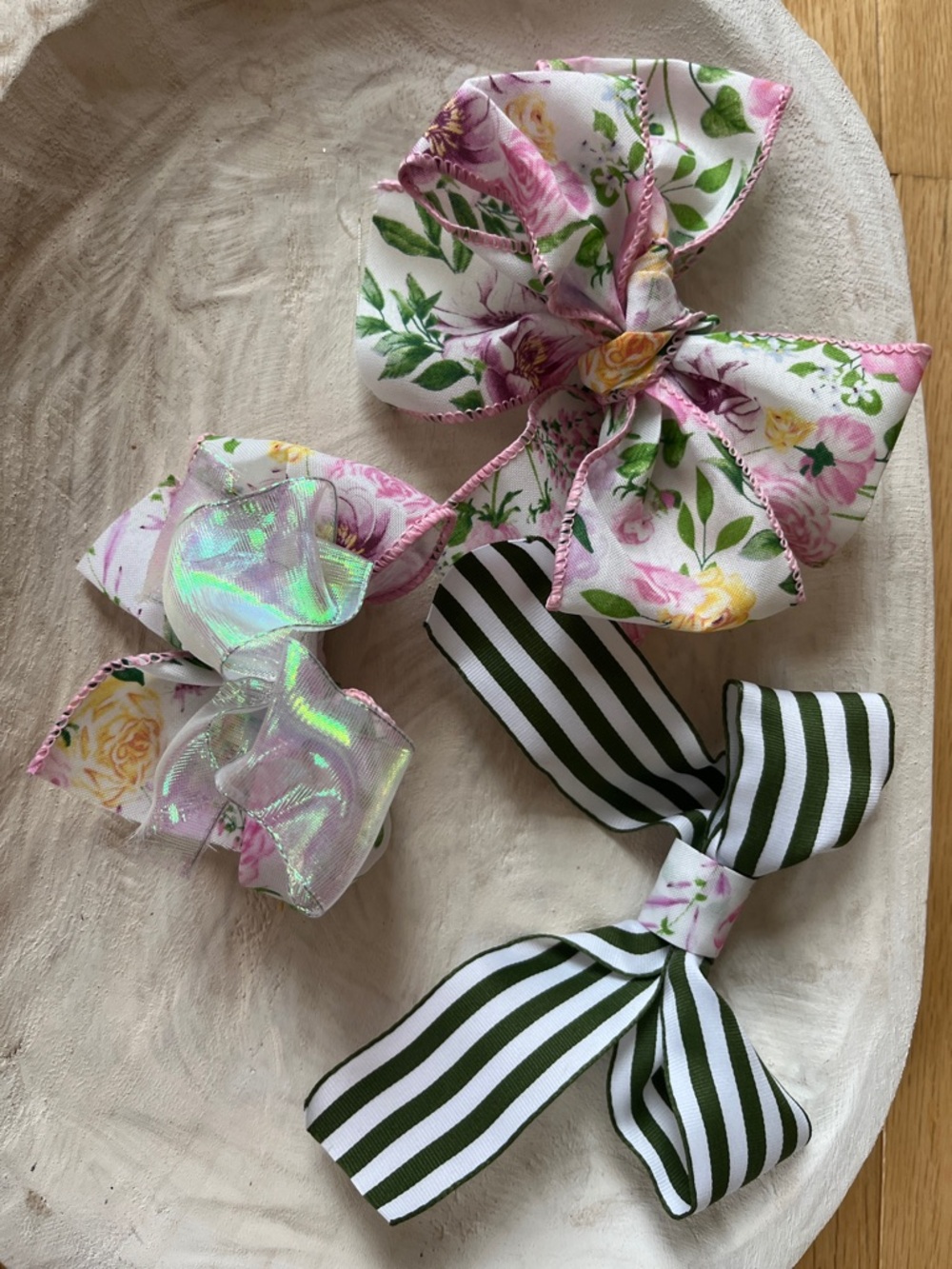Handmade Kids Floral and Stripe Hair Bow Set - Pink, Green, White (pack of 3)